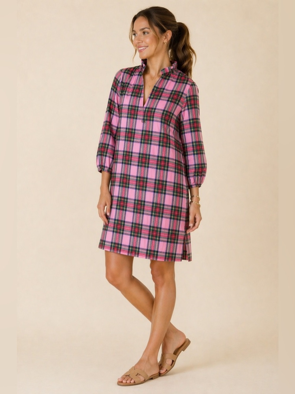 Quiet Culture Tunic Dress Women XL/XXL Pink Plaid Ruffle Neck Puff Sleeve